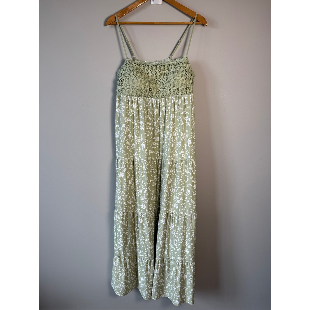 No Boundaries Sage Green Floral Crochet Maxi Dress